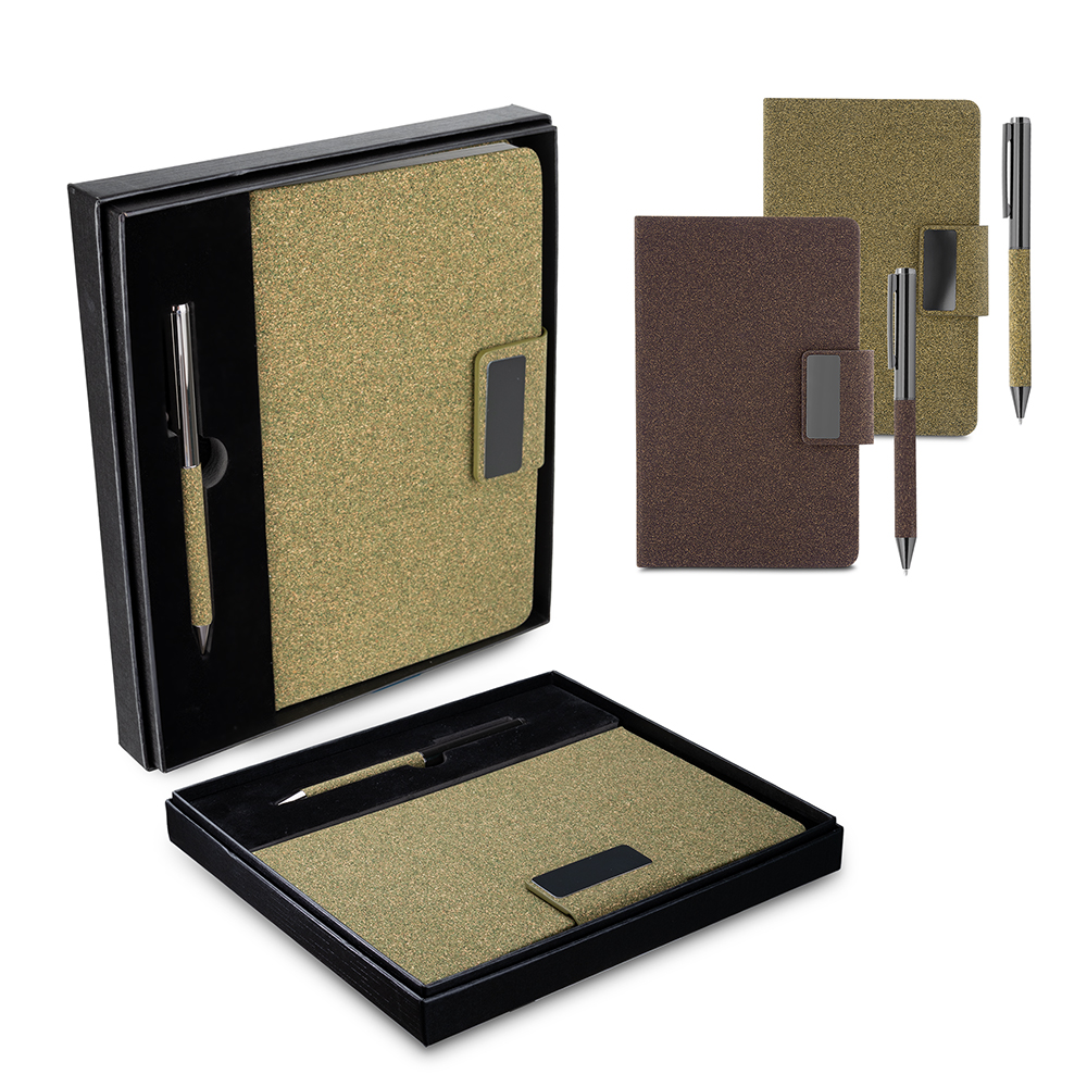 Kit escritório A5 em PU e fibra de café ou chá e Caneta Metalica - CAD445